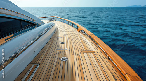 deck of a luxury modern teak yacht close-up against the sea photo
