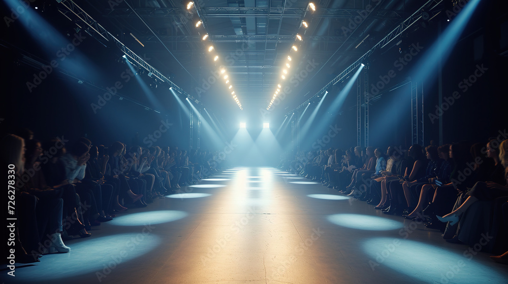 Empty floodlit catwalk for a fashion show with an audience. Trendy style event background Empty floodlit catwalk for a fashion show with an audience. Trendy style event background