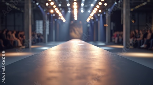 Empty floodlit catwalk for a fashion show with an audience. Trendy style event background photo