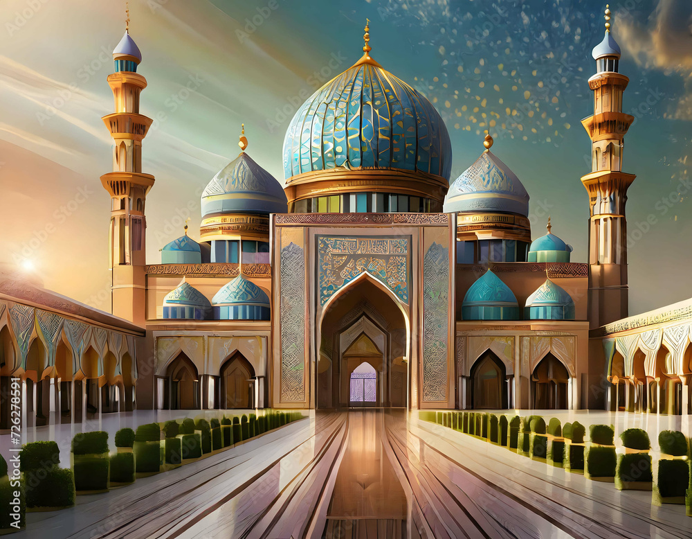 Mosque Illustration. futuristic style, suitable for islamic religion background design. Generative AI technology