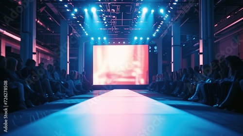 Empty floodlit catwalk for a fashion show with an audience. Trendy style event background