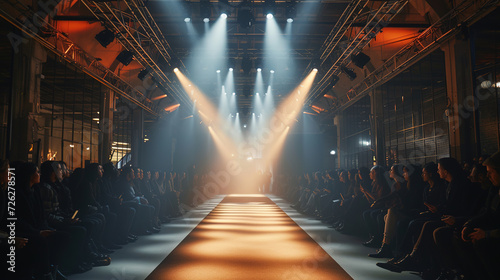 Empty floodlit catwalk for a fashion show with an audience. Trendy style event background
