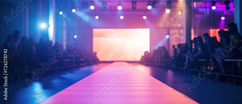 Empty floodlit catwalk for a fashion show with an audience. Trendy style event background