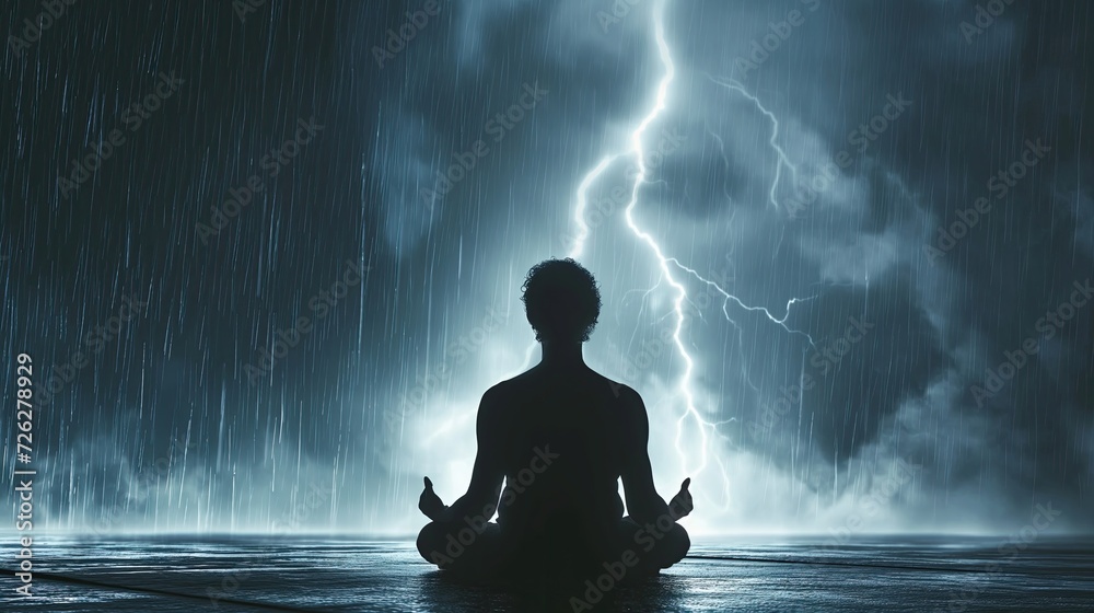 Man sitting in lotus position on the background of rain