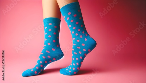 Playful Fashion Statement: Woman's Legs in Blue Dotted Socks Against Pink Background