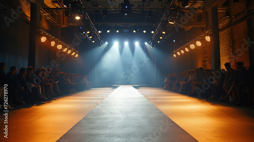 Empty floodlit catwalk for a fashion show with an audience. Trendy style event background