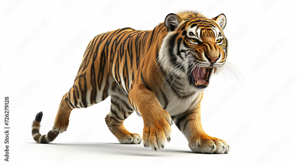 Obraz premium A breathtaking, hyper-realistic 3D rendering of a fierce tiger, rendered in stunning detail and set against a crisp white background. This captivating artwork showcases the immense power and