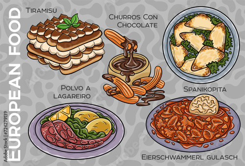 Popular Western & Central European Food Set. Hand-drawn & Vector.