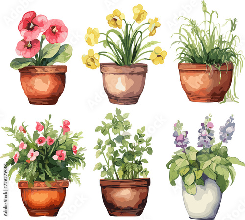 Set of watercolor vintage flower pot, Bouquet, Sticker, Ornaments, png, generated ai