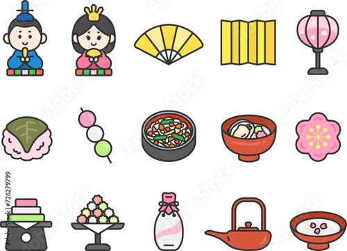 ひな祭りのアイコン（線画カラー）のイラストセット