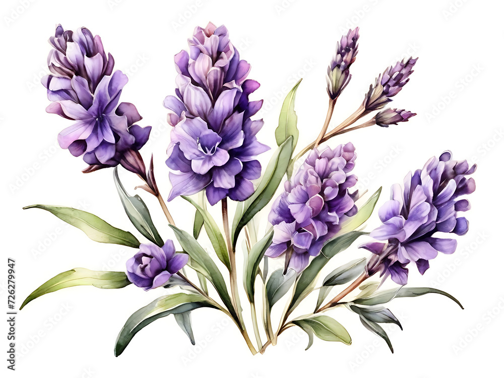 Fototapeta premium Lavender flowers isolated on white background. Watercolor botanical illustration