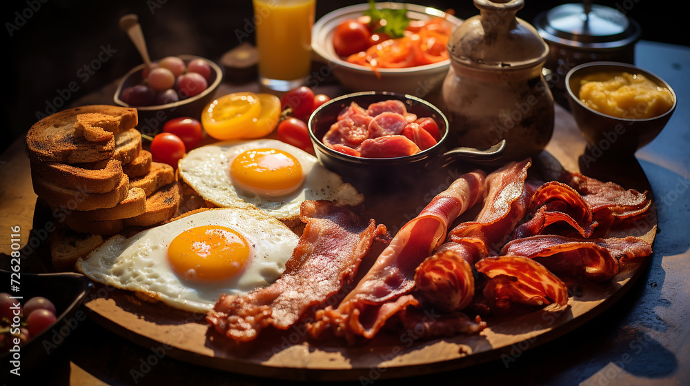 huge breakfast with selective focus on center plate huge breakfast with selective focus on center plate