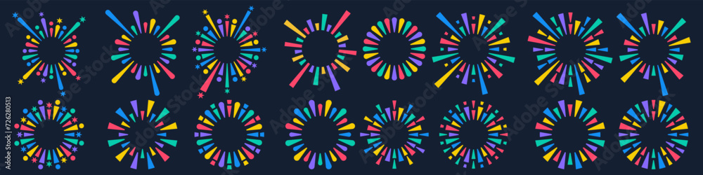 Set of creative fireworks explosion design vectors, ornament fireworks colorful design vector. Set of creative fireworks explosion design vectors, ornament fireworks colorful design vector.