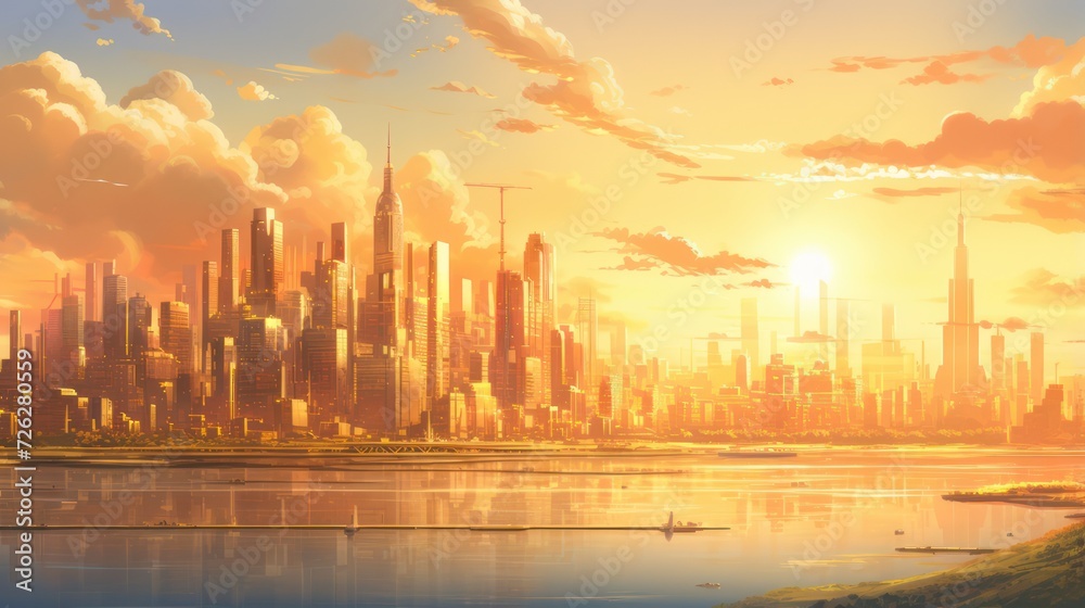 Illustration of a future modern city view, with skyscrapers, morning sunlight, wallpaper background.