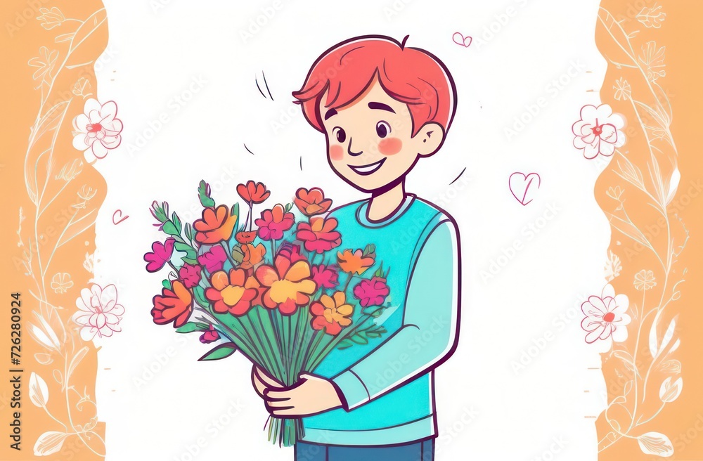 Smiling boy holding a bouquet of flowers, holiday greetings, vector illustration for Mother's Day, Father's Day, Family Day Smiling boy holding a bouquet of flowers, holiday greetings, vector illustration for Mother's Day, Father's Day, Family Day