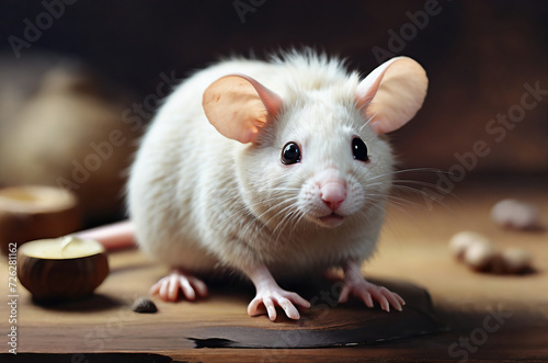 White mouse on wooden surface looking at camera