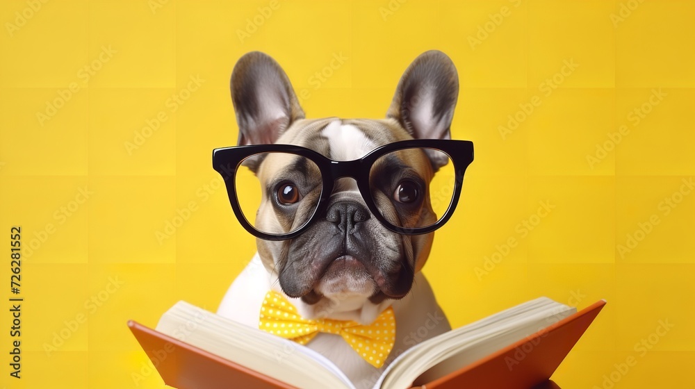 Surprised Dog in Glasses Holding Opened Book

