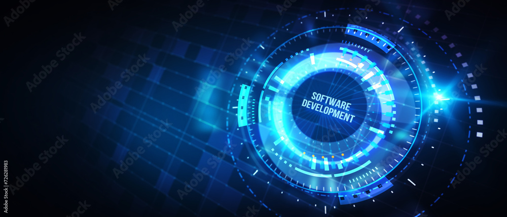 Obraz premium Inscription Software Development on the virtual display. Business, modern technology, internet and networking concept. 3d illustration