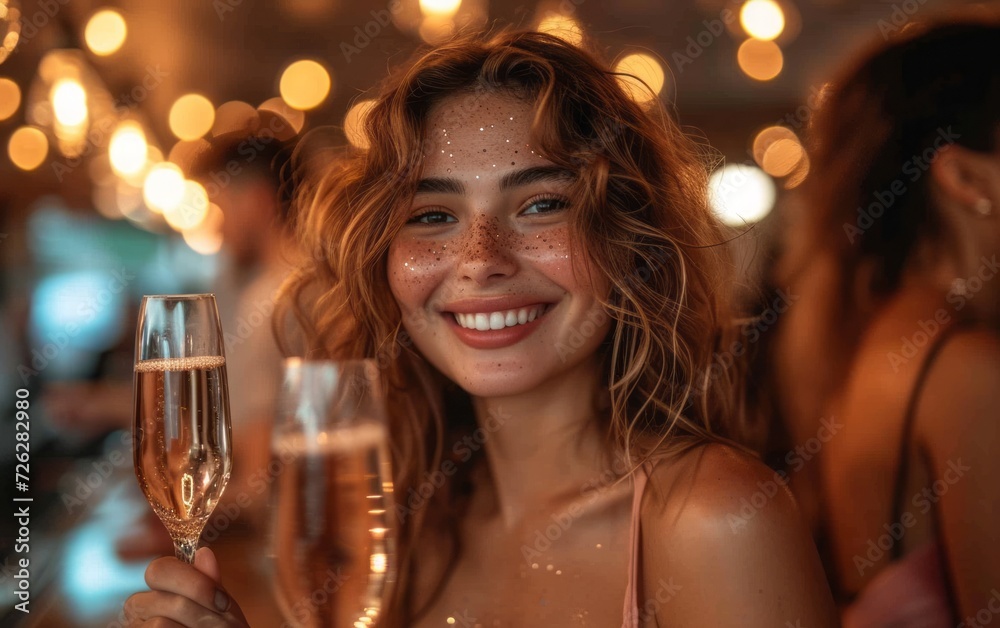 Young friends standing together while enjoying champagne and celebrating inside a bar Young friends standing together while enjoying champagne and celebrating inside a bar