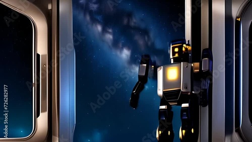 Robot Observing Stars Through Window. Generative AI.