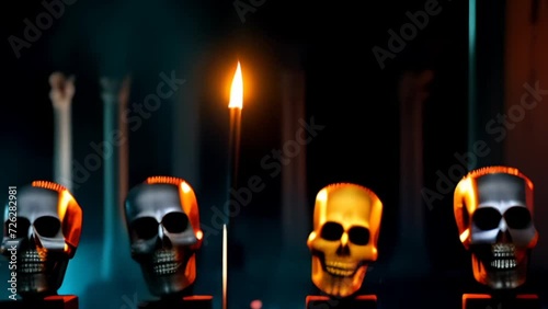 Group of Skulls Next to Candle - Eerie Display of Decorative Art. Generative AI.