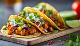 delicious mexico tacos on blurred background