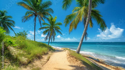A sandy beach path flanked by towering palm trees leading to the ocean..  © Nim