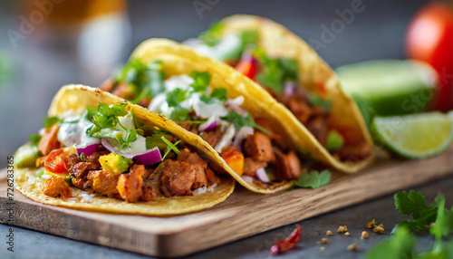 delicious mexico tacos on blurred background