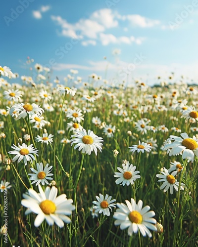 White Daisies in a Field Under a Blue Sky