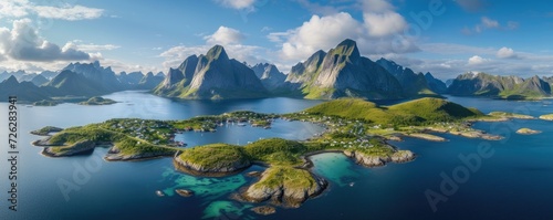 Aerial view of Landscape of Lofoten Island, Norway, summer, Generative AI