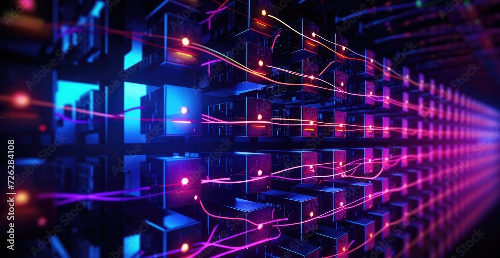Red Purple blue yellow Network of connections in servers, data storage systems in data centers optic fiber electrical cables wires neon waves lines abstract blockchain Red Purple blue yellow Network of connections in servers, data storage systems in data centers optic fiber electrical cables wires neon waves lines abstract blockchain