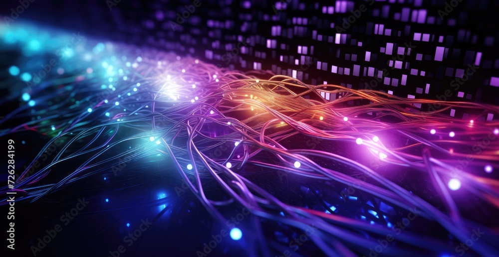 Fototapeta premium Red Purple blue yellow Network of connections in servers, data storage systems in data centers optic fiber electrical cables wires neon waves lines abstract blockchain