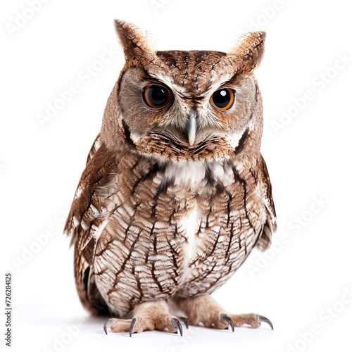 Eastern Screech Owl in natural pose isolated on white background, photo realistic