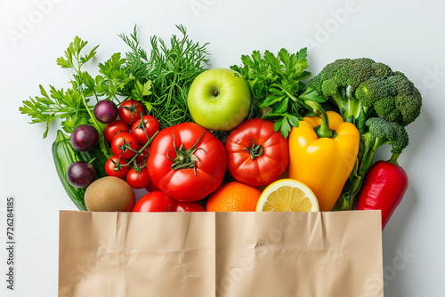 Paper bag with assortment of fresh organic fruits and vegetables on a white background