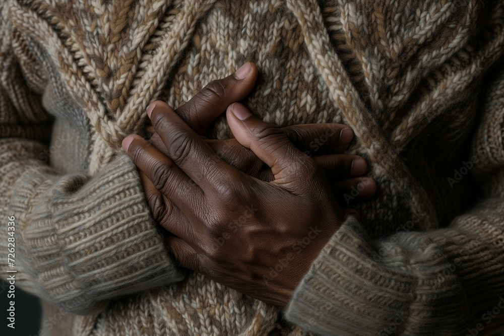 Fototapeta premium A black man in a sweater clutched his chest in pain, heartache. The concept of cardiovascular diseases such as heart attack, arrhythmia, thrombosis and many others, health and medicine