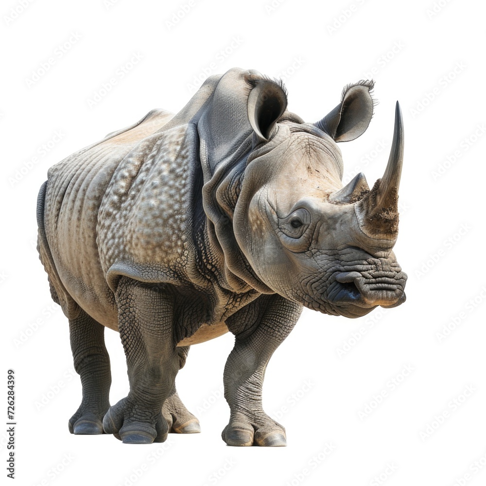 Obraz premium Indian Rhinoceros in natural pose isolated on white background, photo realistic