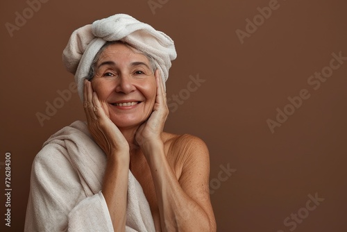 Portrait of happy smiling retired lady after shower