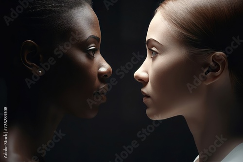 Profile view of diverse women gazing to each other. Female side portrait captivating eye contact. Generate ai