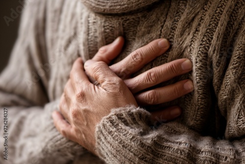 The man in the sweater clutched his chest in pain, heartache. The concept of cardiovascular diseases such as heart attack, arrhythmia, thrombosis and many others, health and medicine photo