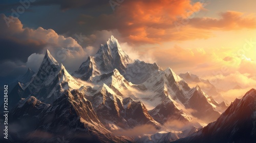 Snowy rocky mountain peak wallpaper, hiker adventure, evening light cloudy sky background. © Muamanah