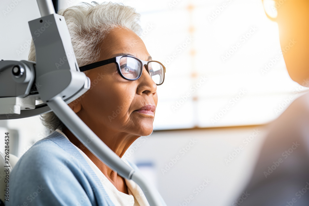 Elderly woman with glasses performs an eye checkup at a specialized optician Elderly woman with glasses performs an eye checkup at a specialized optician