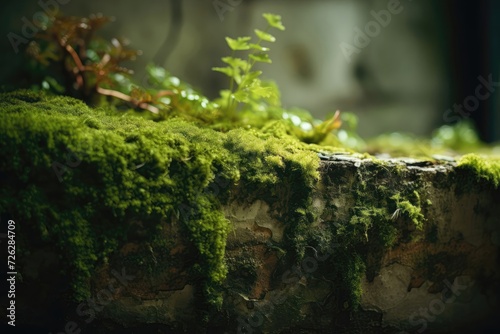 Beautiful Bright Green moss grown up cover the rough stones and on the floor in the forest.