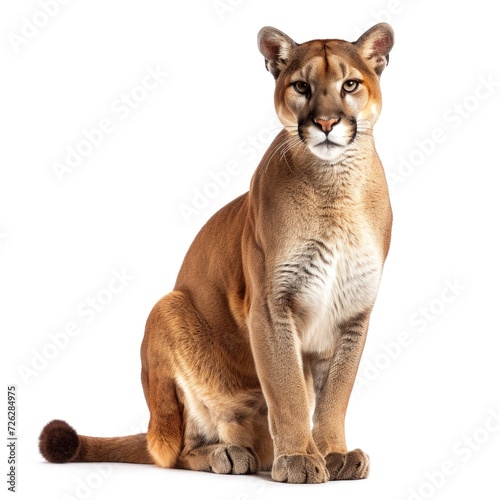 Puma mountain lion in natural pose isolated on white background, photo realistic