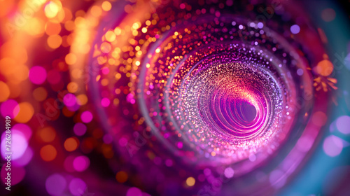 An abstract background with a swirling vortex of sparkling lights in a dynamic array of pinks, blues, and purples, resembling a journey through a cosmic galaxy 