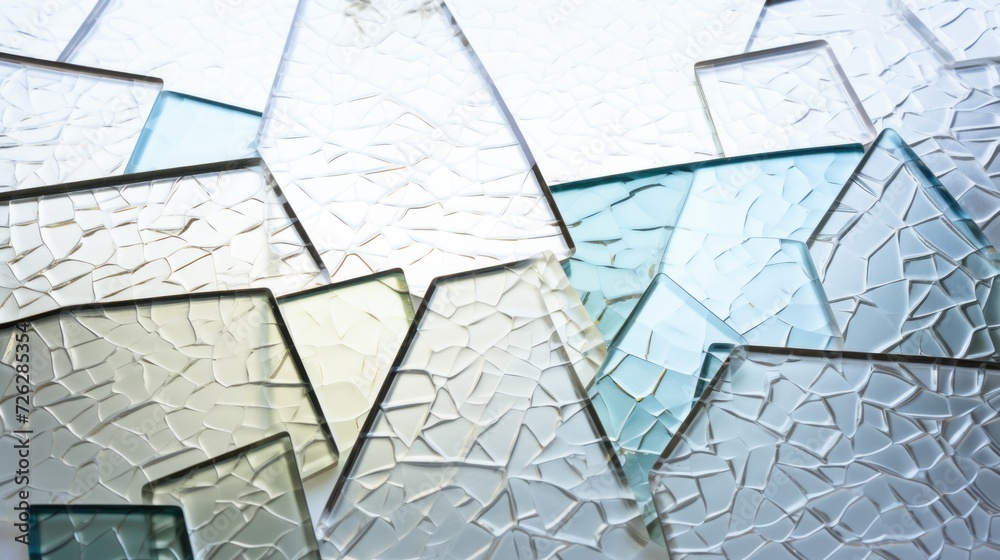Fototapeta premium Tinted patterned glass sheets stack. Decorative textured window material sample