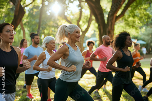Diverse group of people exercising in a park with sunlight filtering through the trees. Soft focus.