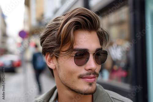 Stylish Man in Urban Setting. Fashionable young man with sunglasses outdoors.