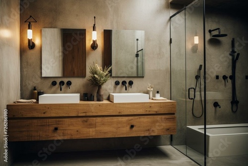 Bathroom with wooden and concrete elements featuring a double sink and shower. Generative AI