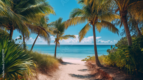 A sandy beach path flanked by towering palm trees leading to the ocean.. 