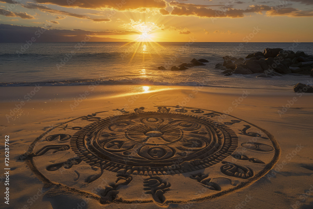 A serene beach setting with zodiac sign creatively depicted in the sand, illuminated by the warm glow of the sunset.